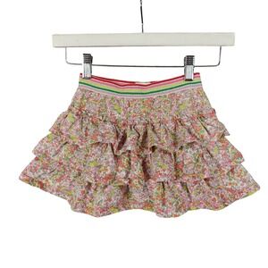 Boden Girls 6-7Y 122cm Pink Floral Tiered Ruffle Skirt Rainbow Waistband Elastic